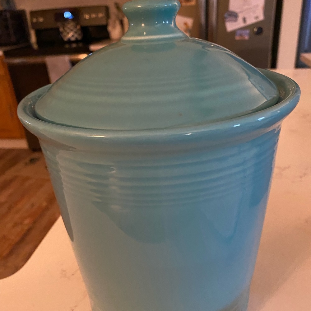 large teal Fiestaware cookie jar canister - genly used. vintage?